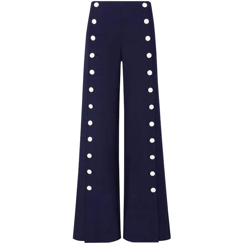 Superior Largas Calidad Color Loose Botones Anchos Calle Pantalones Sólido Casual Mujeres zpwqp5E