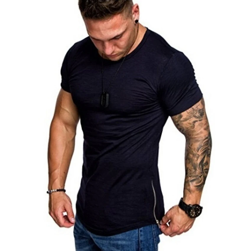 

Summer 2018 New Male Side Zipper T Shirt Slim Fit Skinny Solid Color Tshirt Swag Hem Hip Hop T-Shirt For Men Curve Streetwear T
