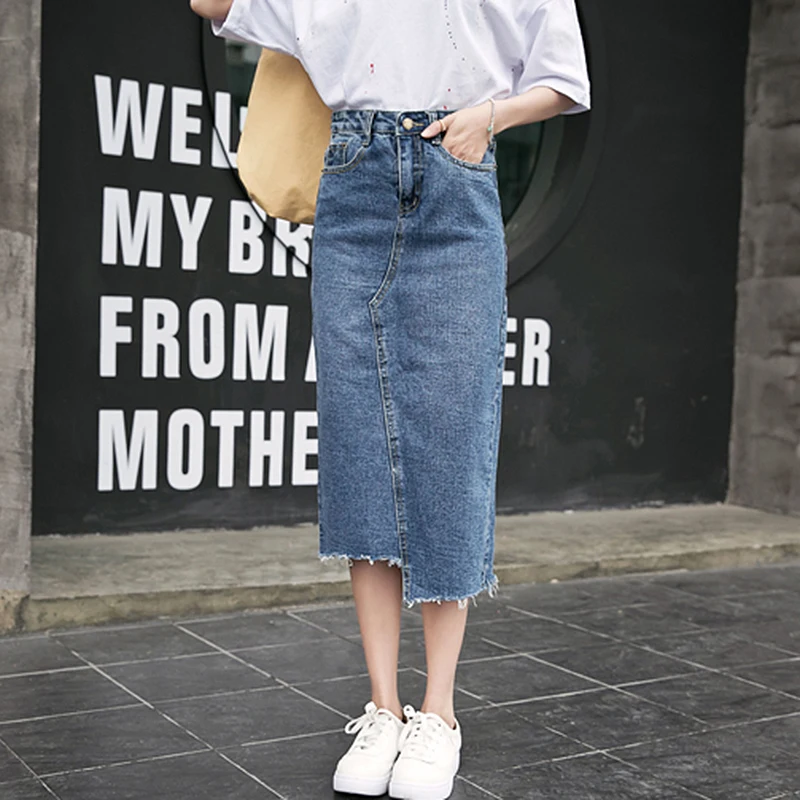 

2019 Summer Denim Skirts Womens High Waist Pockets Long Jeans Skirt Ladies Plus Size Sexy Hem Split Pencil Skirt jupe femme
