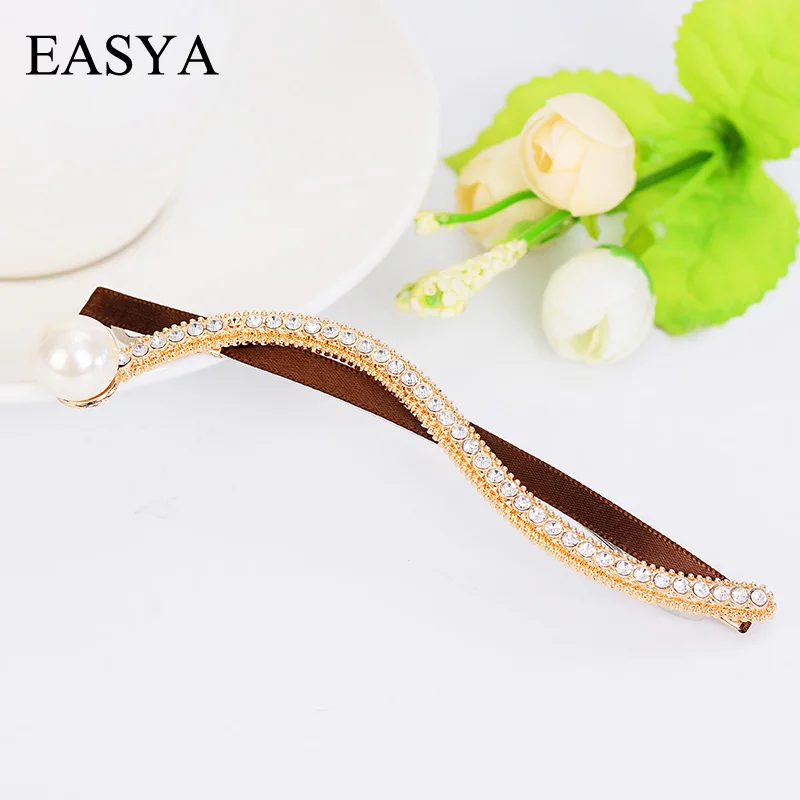 

EASYA Silver Gold Long Wave Barrettes Women Hair Jewelry Rhinestone Simulated Pearl Hair Clips Hairwear Ornaments