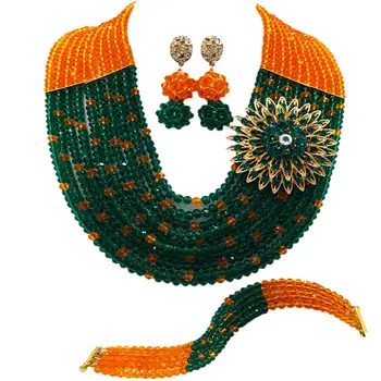 

Fashion Orange Army Green Nigerian Wedding African Beads Jewelry Set Crystal Beaded Multistrands Necklace 10C-SZ014