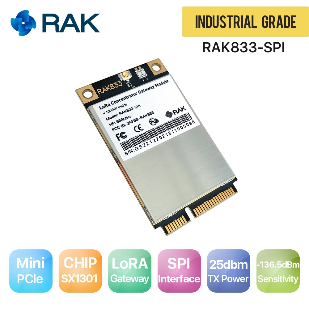RAK833 SPI SX1301Chip 868/915 МГц промышленный мини концентратор PCIe LoRa Gateway поддержка