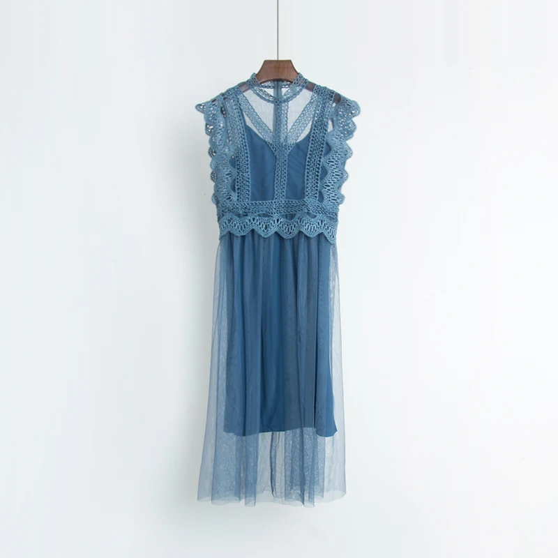 

PERHAPS U champagne blue lace stand collar sleeveless mesh elegant corean midi dress summer party D0239