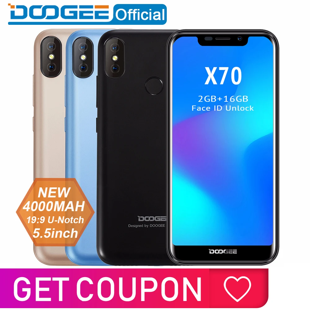 DOOGEE X70 смартфон 5,5 ''u-образная 19:9 MTK6580 четырехъядерный 2 Гб ОЗУ 16 Гб ПЗУ Двойная камера 8,0 МП Android 8,1 4000 мАч