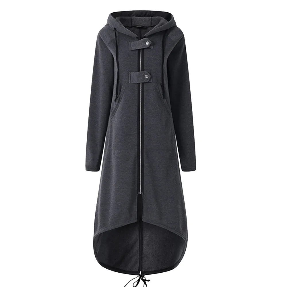 Осеннее Женское пальто с капюшоном, платье с капюшоном, Женская Повседневная Толстовка с длинным рукавом, Женская длинная рубашка на молнии с пряжкой, большие размеры#0705 - Цвет: Серый