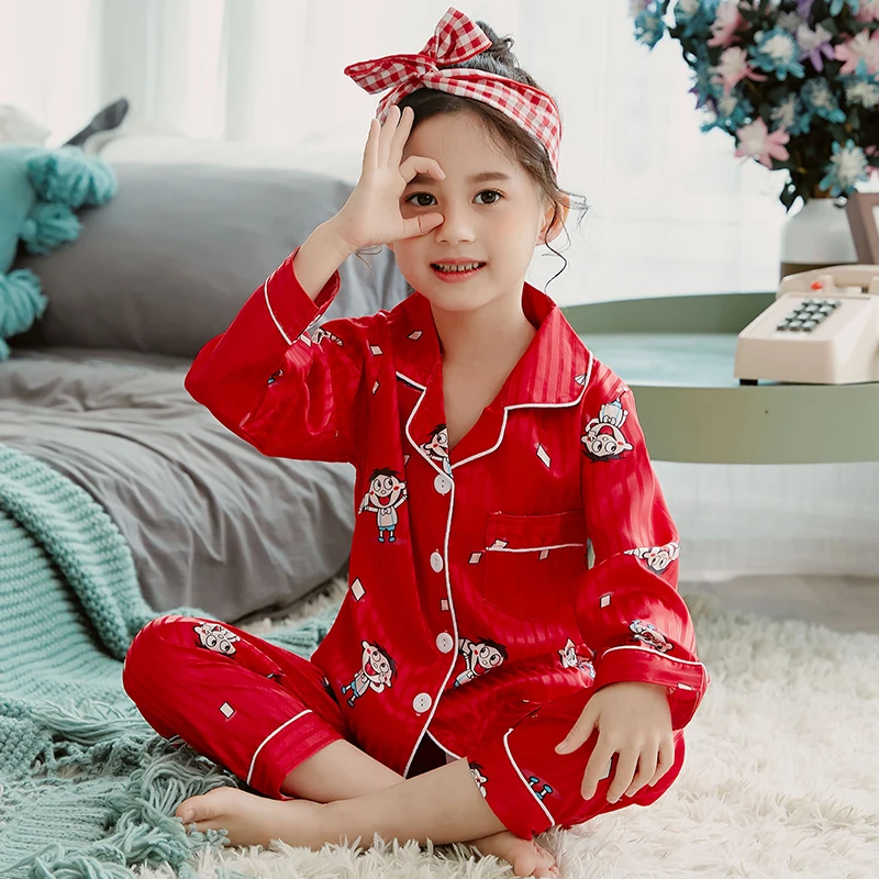 Girls Pajamas Autumn Winter Long Sleeve Children's Sleepwear Set Silk Pajamas Suit Pyjamas Sets for Kids Tracksuit Set