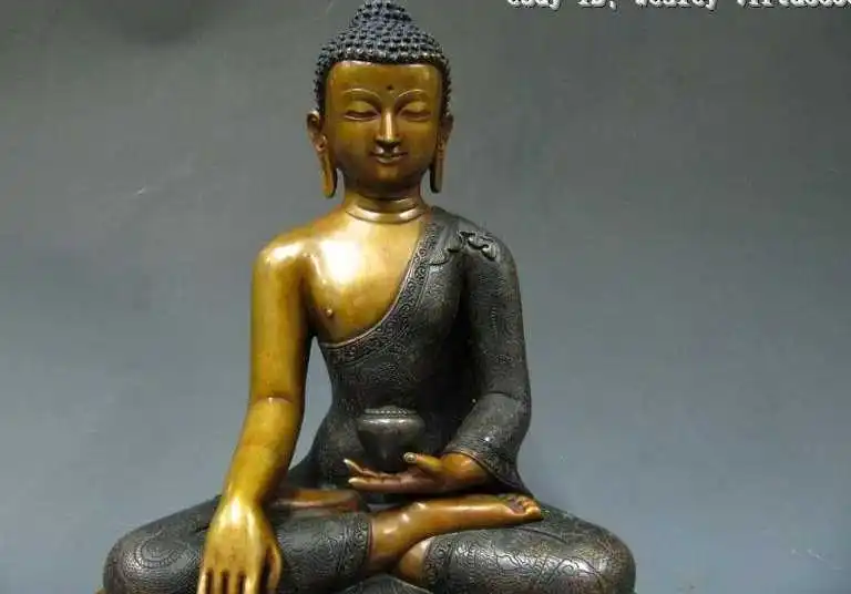 

11"Nepal Fane Pure 100% Red Bronze Dragon Sakyamuni With Bowl Buddha Statue
