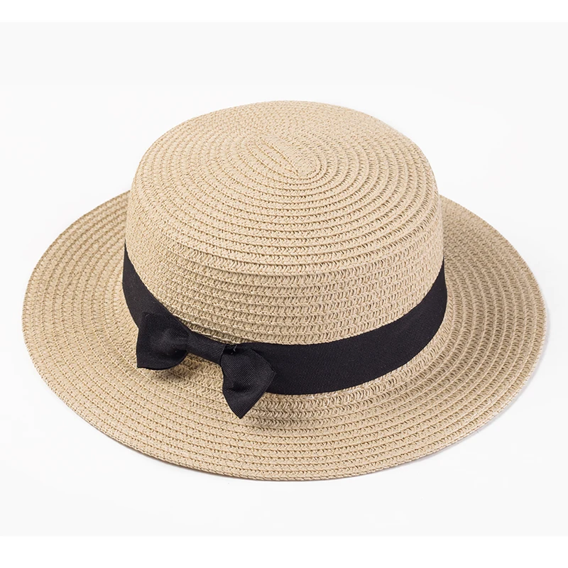 

Fashion Lady Boater summer sun caps Ribbon Round Flat Top Straw beach hat Panama Hat for women straw hat gorras all matched