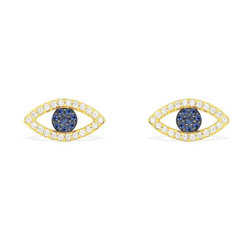 

SLJELY 925 Sterling Silver 3 Gold Color Mini Evil Eyes Stud Earrings Inlay Cubic Zirconia Blue Stone Women Luxury Jewelry