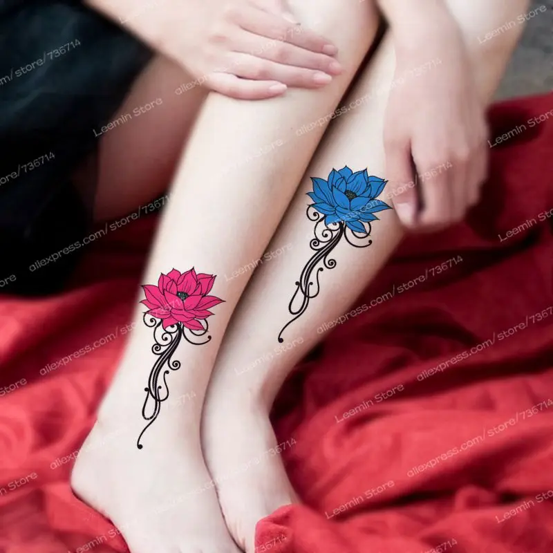 091 Tatouage Temporaire Rose Et Bleu De Fleur De Lotus Autocollant Vif De Tatouage Pour Le Taty De Cheville In Tatouages éphémères From Beauté
