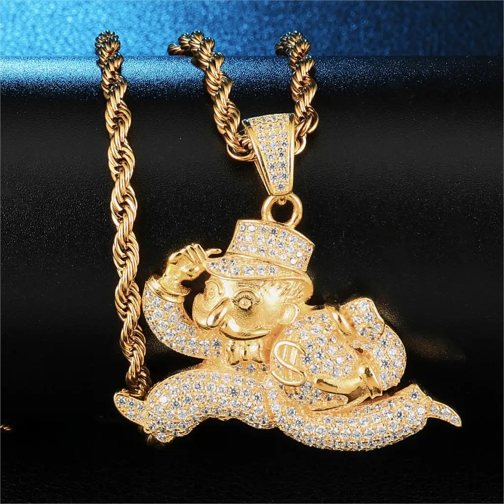 Цена Iced Out Bling набор украшений с цирконием Монополия бегущий клоун с брелоки для сумки и ожерелья для мужчин хип хоп ювелирные изделия