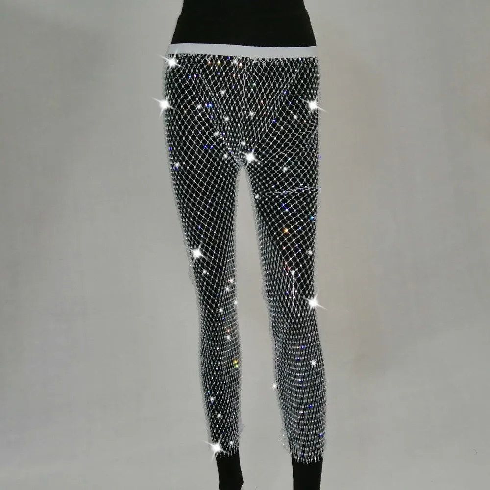 

2019 Black Diamonds Fishnet Sexy Pants Solid Women Bottoms Crystal Rhinestones Hollow Out Transparent Beach Club Party Trousers