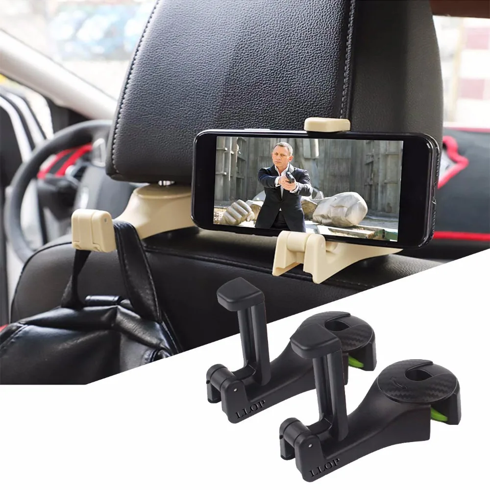 

Car Seat Headrest Hooks with Phone Holder Car Back Seat Hanger Vehicle Universal Holding Phones and Hanging Handbags Purses Bag