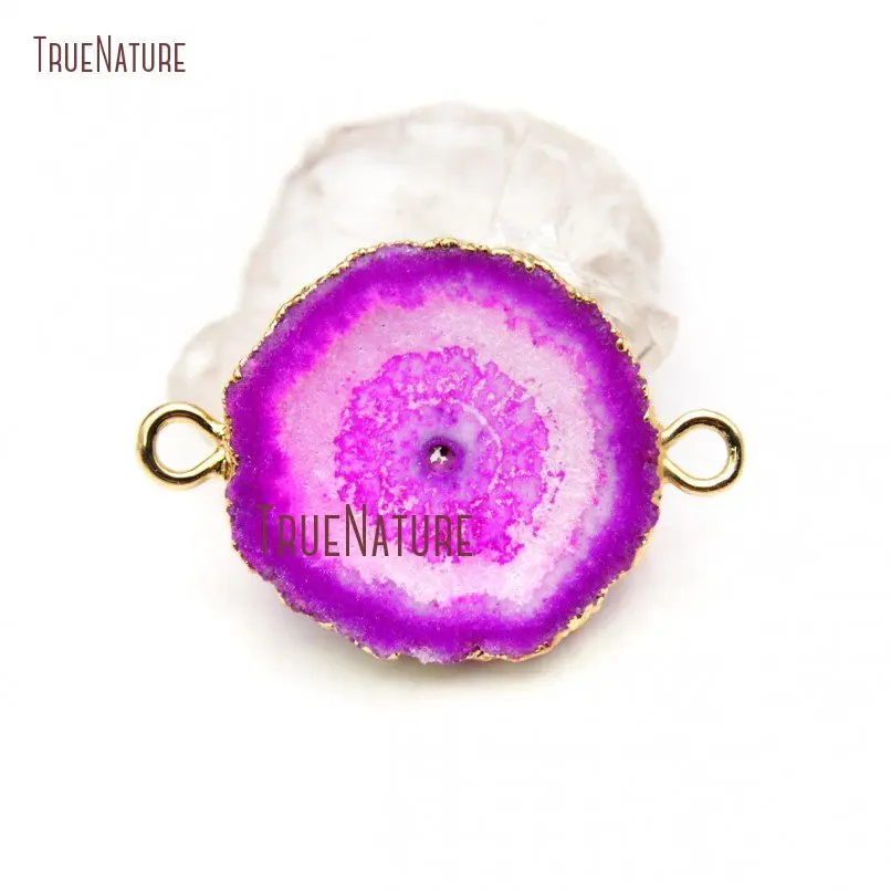 

10Pcs Fushia Round Druzy Connector Stalactite Hot Pink Solar Quartz SliceTwo Bails Gold Color Pendant PC19392