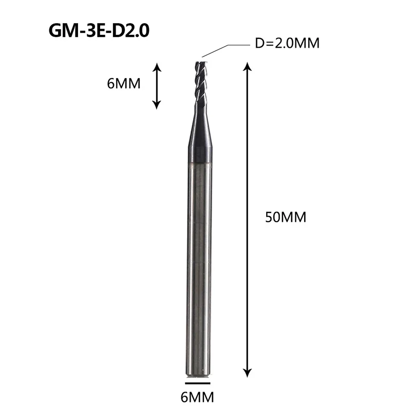 GM-3E Вольфрамовая сталь 3 Флейта с квадратной головкой с покрытием Концевая мельница с ЧПУ Фрезерный резак режущие инструменты для обработки металла приплюснутый фрезерный станок - Длина режущей кромки: GM-3E-D2.0