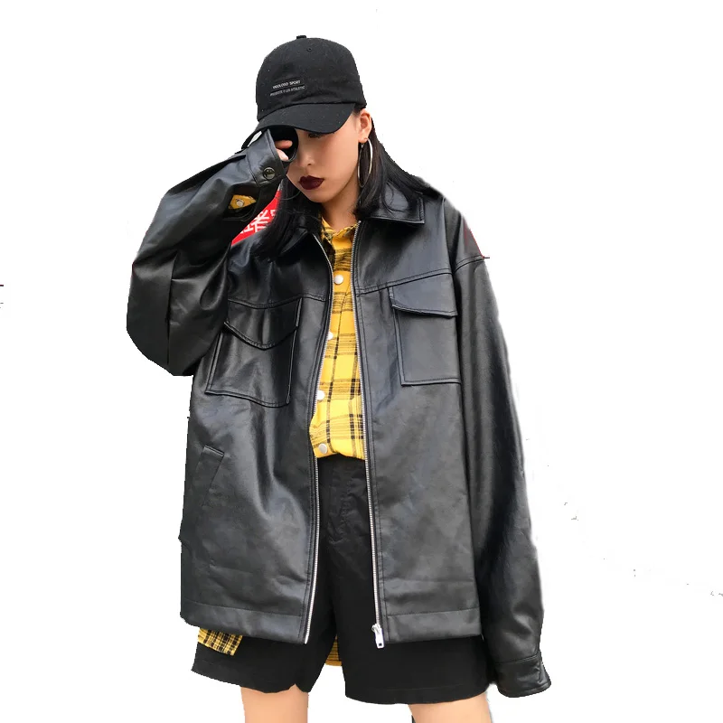 Autumn Turn down Collar motorcycle Leather Jacket Women