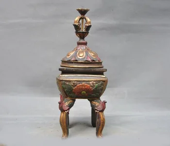 

wedding decoration Tibet Buddhism Bronze Painted flower Elephant nose Incense burner Censer statue