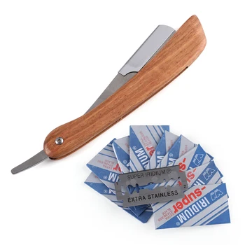 

1Pc Shaving Razors +10pcs Blades New Rosewood Handle Straight Edge Barber Razor Folding Shaving Knife Men Fashion Tools