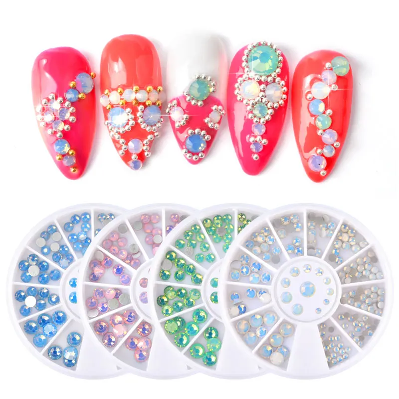 

2 Boxes Opal Nail Rhinestones Flat Bottom Crystal Rhinestones Multi-size 3D Nail Art Decorations In Wheel DIY Accessories