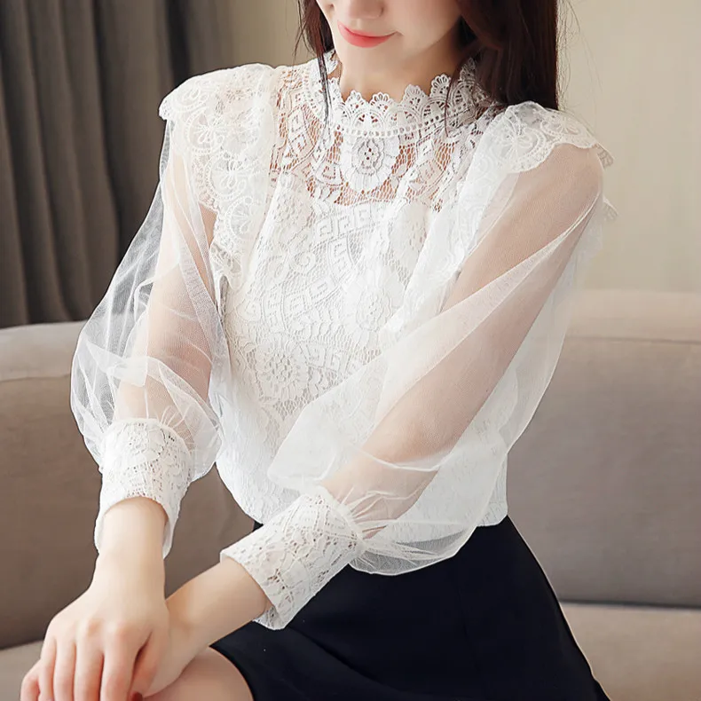 

Elegant New 2019 Women Chiffon Embroidery Mesh Ogan Blouses & Tops Feminine Long Sleeve Sweet Mesh Shirt & Tops