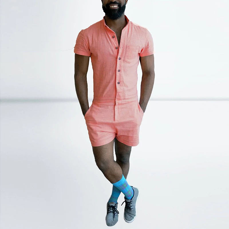 Fashion Summer Mens Rompers Male Single Breasted Jumpsuit Cargo Short Pants Boyfriend Zip