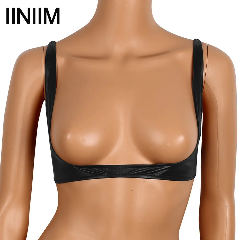 Sexy Exotic Bras for Womens Ladies Lingerie Fashion Faux Leather Adjustable Wire-free Open Cup Shelf Bra Exposed Breasts Nipples