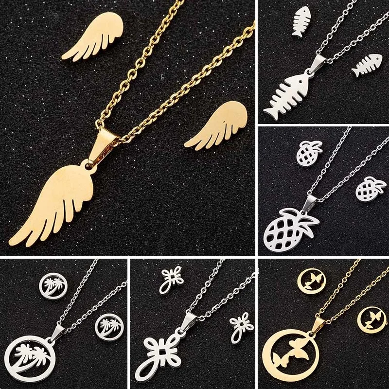 

Jisensp Fish Wing Butterfly Stainless Steel Sets for Women Necklace Earrings Jewelry Set Coconut Palm Pendant Wedding Jewelry