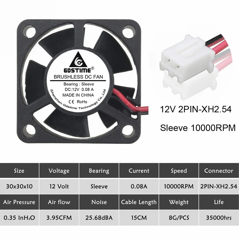 2 шт. Gdstime двойной шариковый подшипник постоянного тока 24 В 12 В 5 в 3 см 30 мм 30x30x10 мм 3010 Бесщеточный Мини кулер охлаждающий вентилятор - Цвет лезвия: 12V Sleeve XH2.54