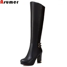 ASUMER/Новое поступление; женские ботинки; модные женские ботинки на молнии; однотонные сапоги до колена с пряжкой; большие размеры 34-43