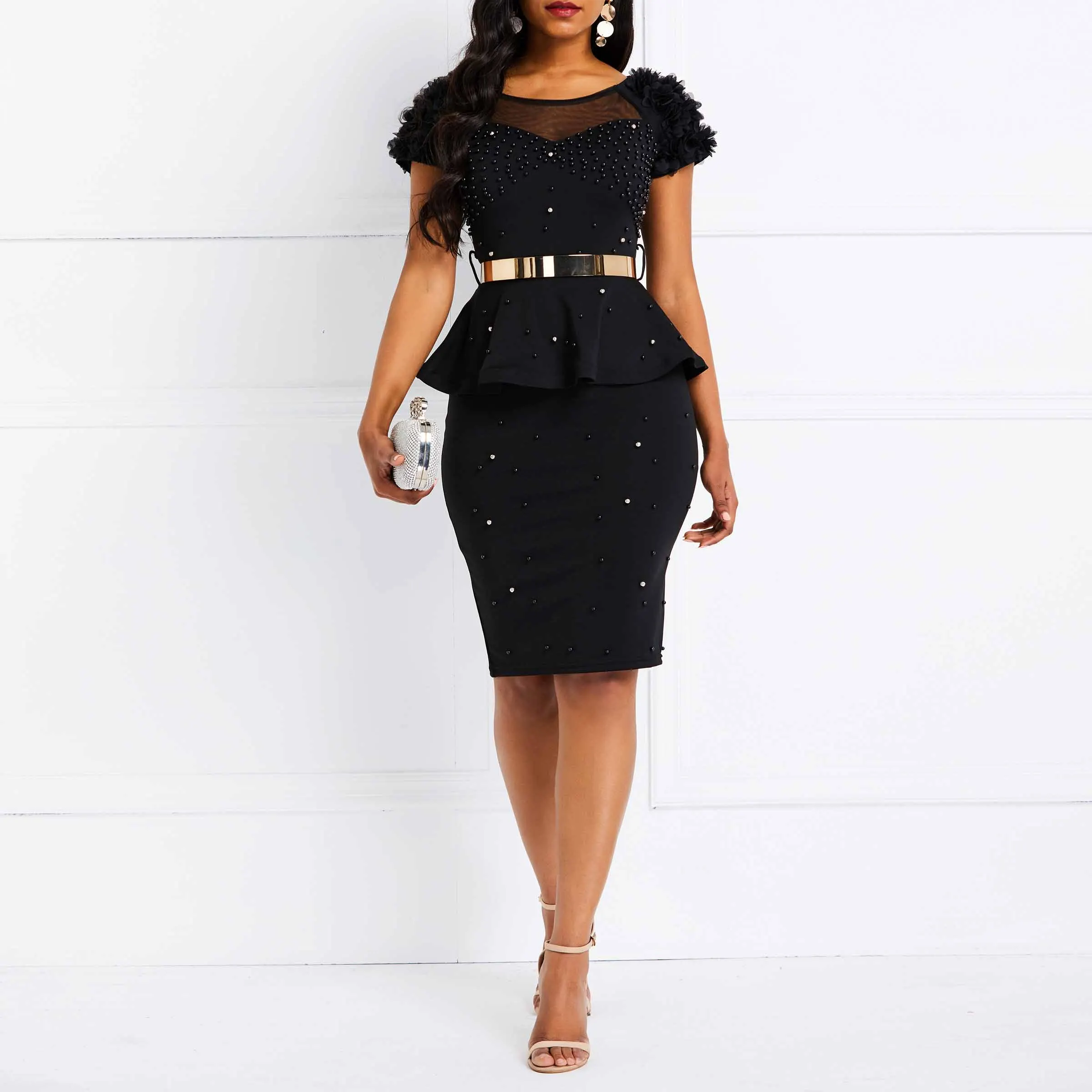Облегающее женское платье с оборками и бисером, черные элегантные вечерние стильные однотонные розовые Летние Повседневные Вечерние женские клубные сексуальные платья - Цвет: Черный