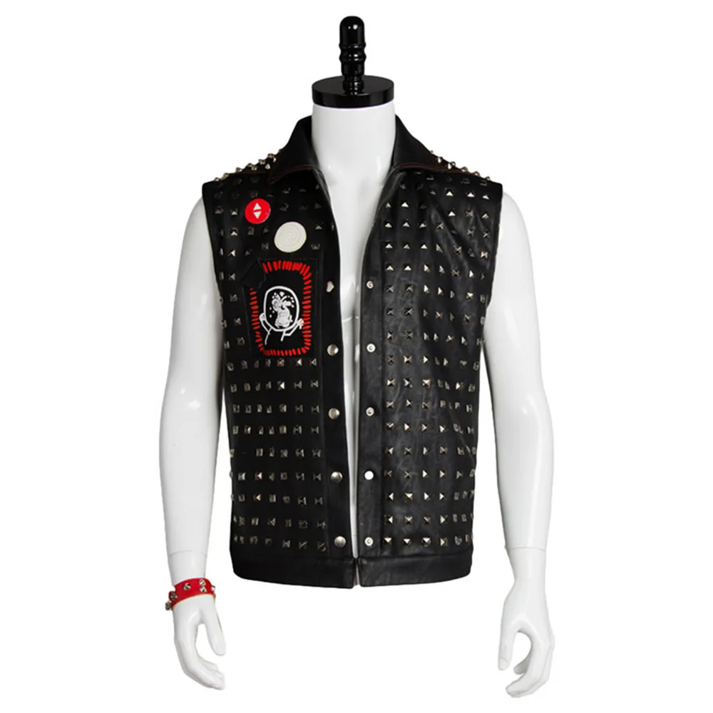 маска ренча из watch dogs 2 Watch Dogs Wrench Cosplay Vest Black Faux Leather Dedsec Rivet Vests Costume&Mask Badges|cosplay
