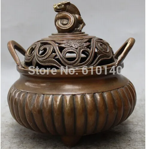 

7" Chinese Bronze Copper Dragon Beast Pixiu Bird Incense Burner Censer Statue