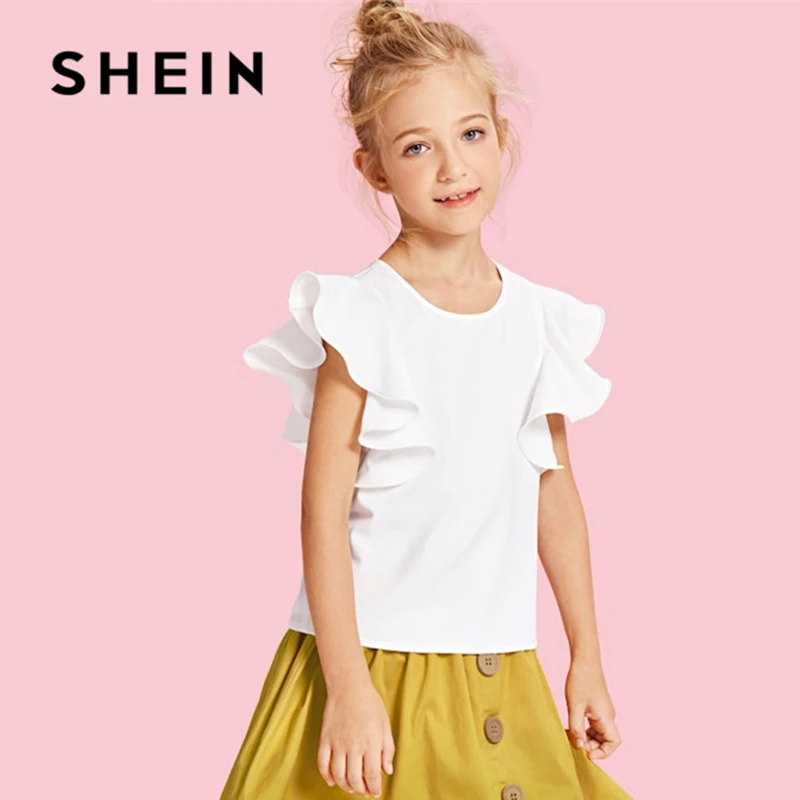 SHEIN/белая Милая Детская рубашка с рукавами-бабочками и рюшами; блузки для девочек; коллекция года; сезон лето; корейская мода; элегантные футболки для девочек; топы