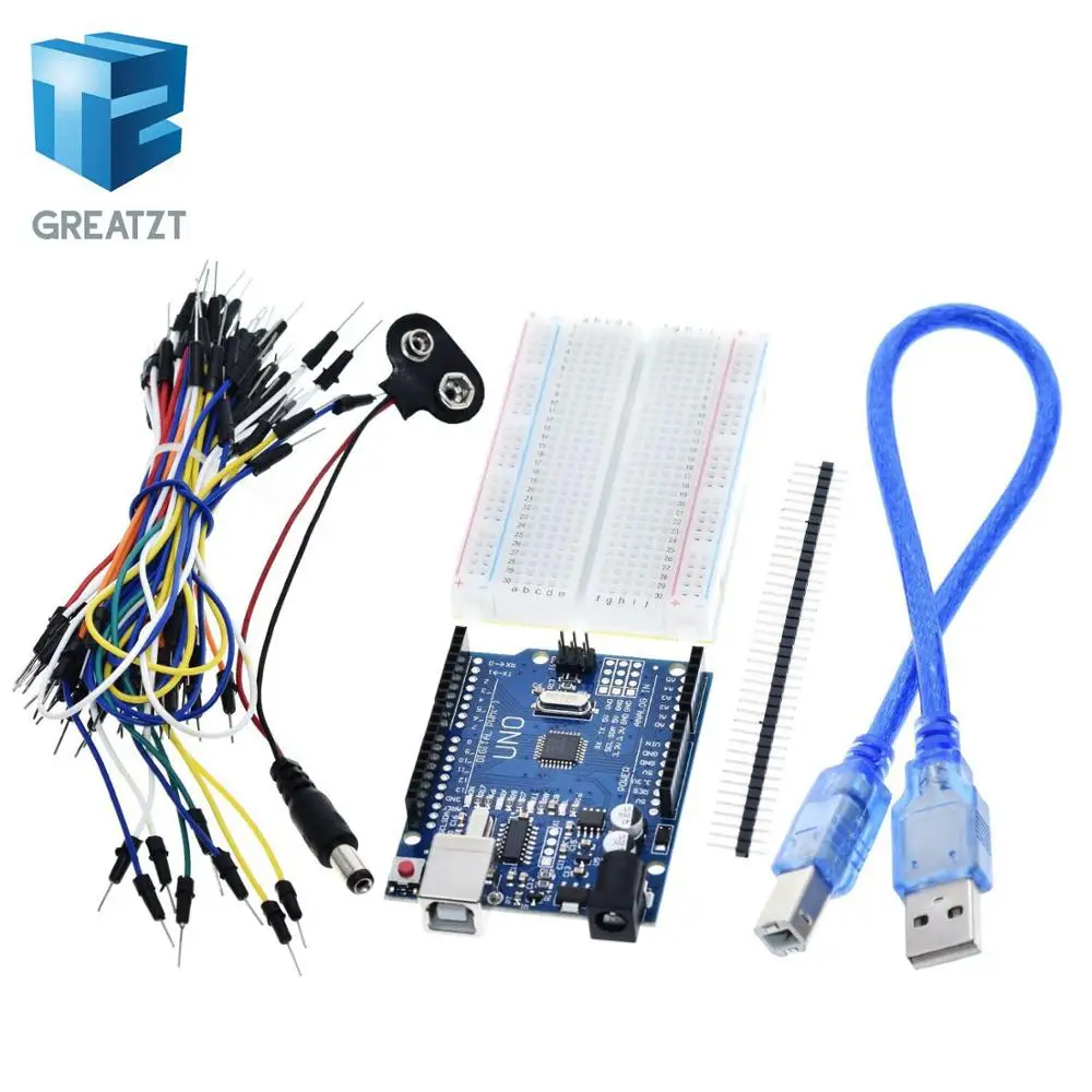 Starter Kit for arduino Uno R3- Bundle of 5 Items: Uno R3, Breadboard, Jumper Wires, USB Cable and 9V Battery Connector