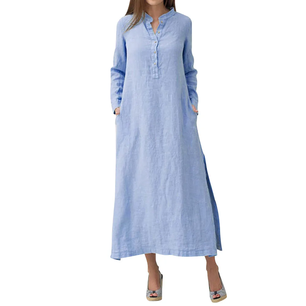 

Women's Kaftan Cotton Long Sleeve Straight Solid Casual Plain Casaul Oversized Maxi Long Shirt Dress 30