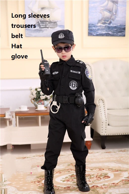 Костюм Полицейского для мальчиков; Детский костюм для костюмированной вечеринки; Униформа армейской полиции; комплект одежды с длинными рукавами; униформа для боевых выступлений - Цвет: Long sleeves 5 piece