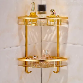 

Bathroom Gold Shelf Shower Aluminum Wall Mounted Corner Storage Triangle double-layered pendant Home Decor Art