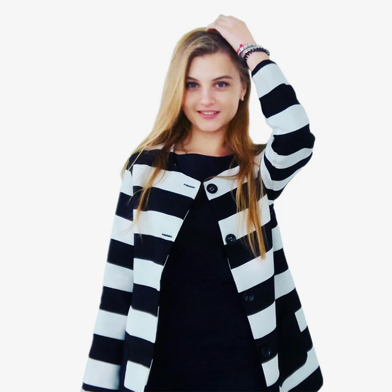Plus Size Striped Button Long Sleeve Women Jackets Patchwork Knitted Woman's Coats  2019 Winter Office Lady Clothes Female 4XL