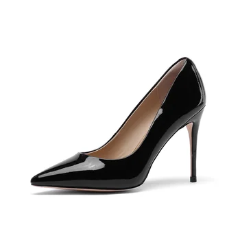 

Women's stiletto cow leather fabric sheepskin lining pointed toe shallow comfortable 9.5CM high heel party shoes women