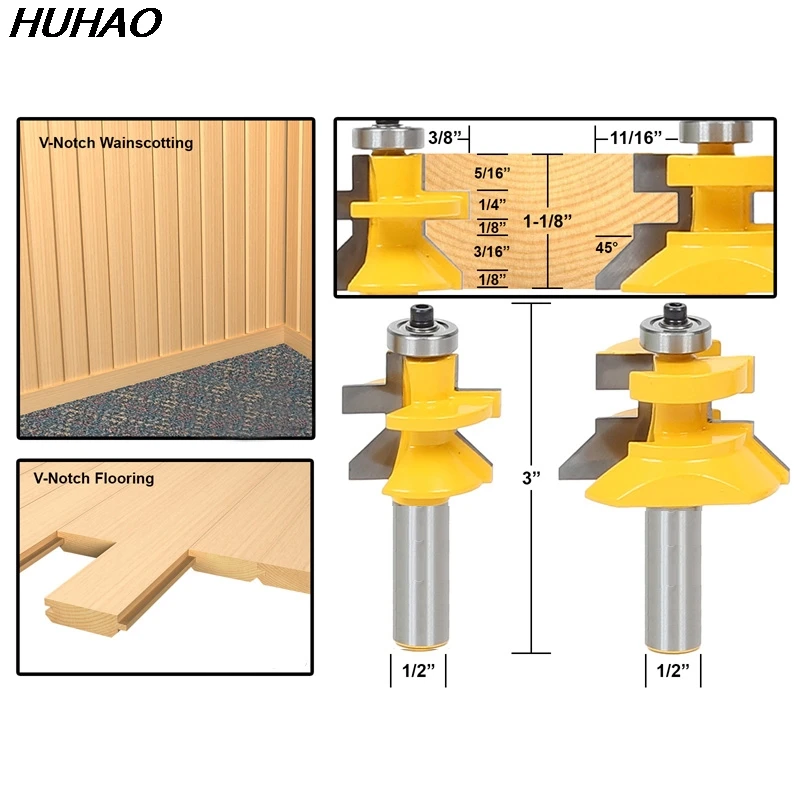 

2pcs/lot 1/2 Matched Tongue & Groove V- Notch Router Bit Set Wooden CNC endmill Door Construction