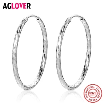 

Women 100% 925 Sterling Silver Hoop Earring 28mm Round Circle Polishing Different Lines Silver Hoop Earrings Fashion Jewelry