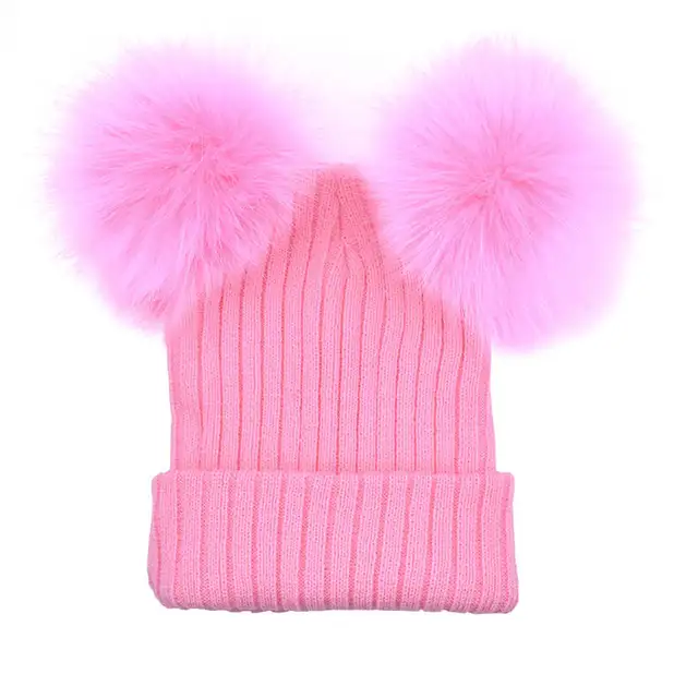 AWAYTR Fur Ball Cap 2 Pom Poms Winter Hat for Women Girl 's Wool Hat Knitted Cotton Beanies Cap Brand New Thick Female Cap