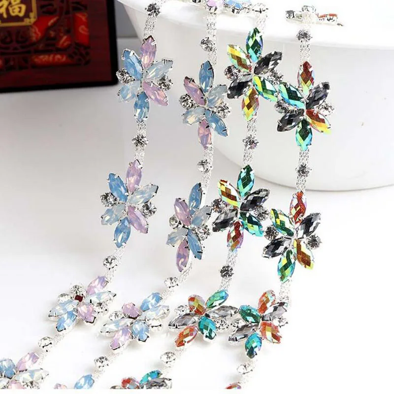 

1Yard Flower Rhinestone Crystal Silver Strass Chain Costume Applique Trims Sewing Material Supplies AIWUJIA Handcraft