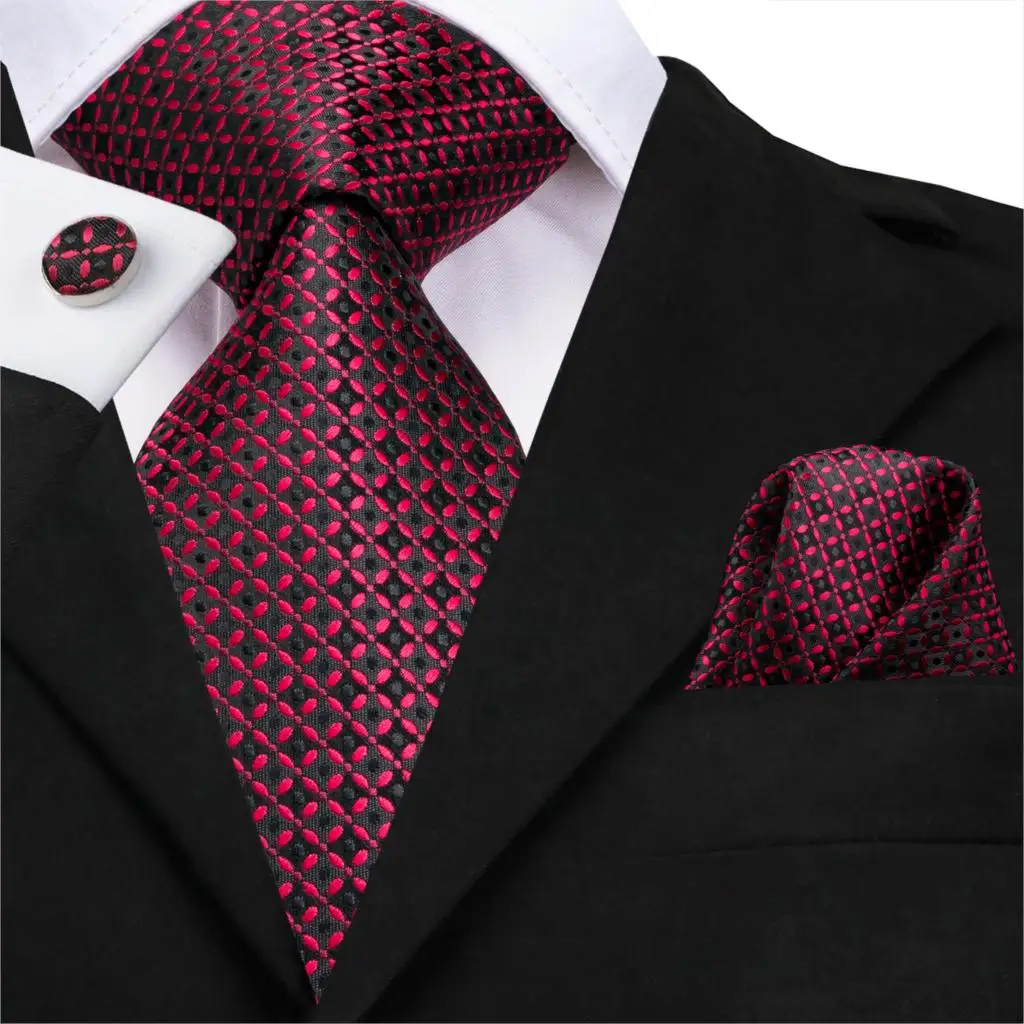 SN 3112 Men Silk Ties Checked Red Plaid Necktie Hanky Cufflinks Set
