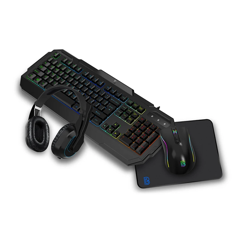 

New Computer peripheral device Wired USB Gaming kits include Keyboard mouse mat and headphone in Color box
