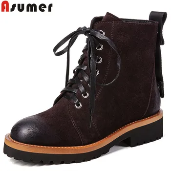 

ASUMER fashion autumn winter boots round toe zip lace up ankle boots for women square heel classic ladies suede leather boots