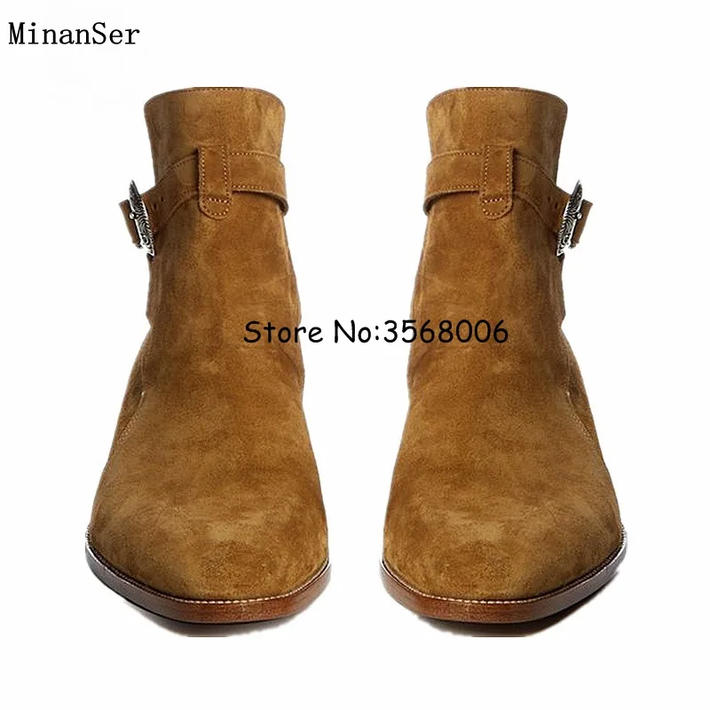 Hot Sale Buckle Strap Slip-on Men Chelsea Boots Brown Black Original Suede Leather Man Ankle Boots British Style MAN flats Shoes