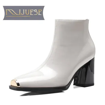 

MLJUESE 2019 women Mid calf boots cow leather patent leather zippers square toe high heels women boots casual boots