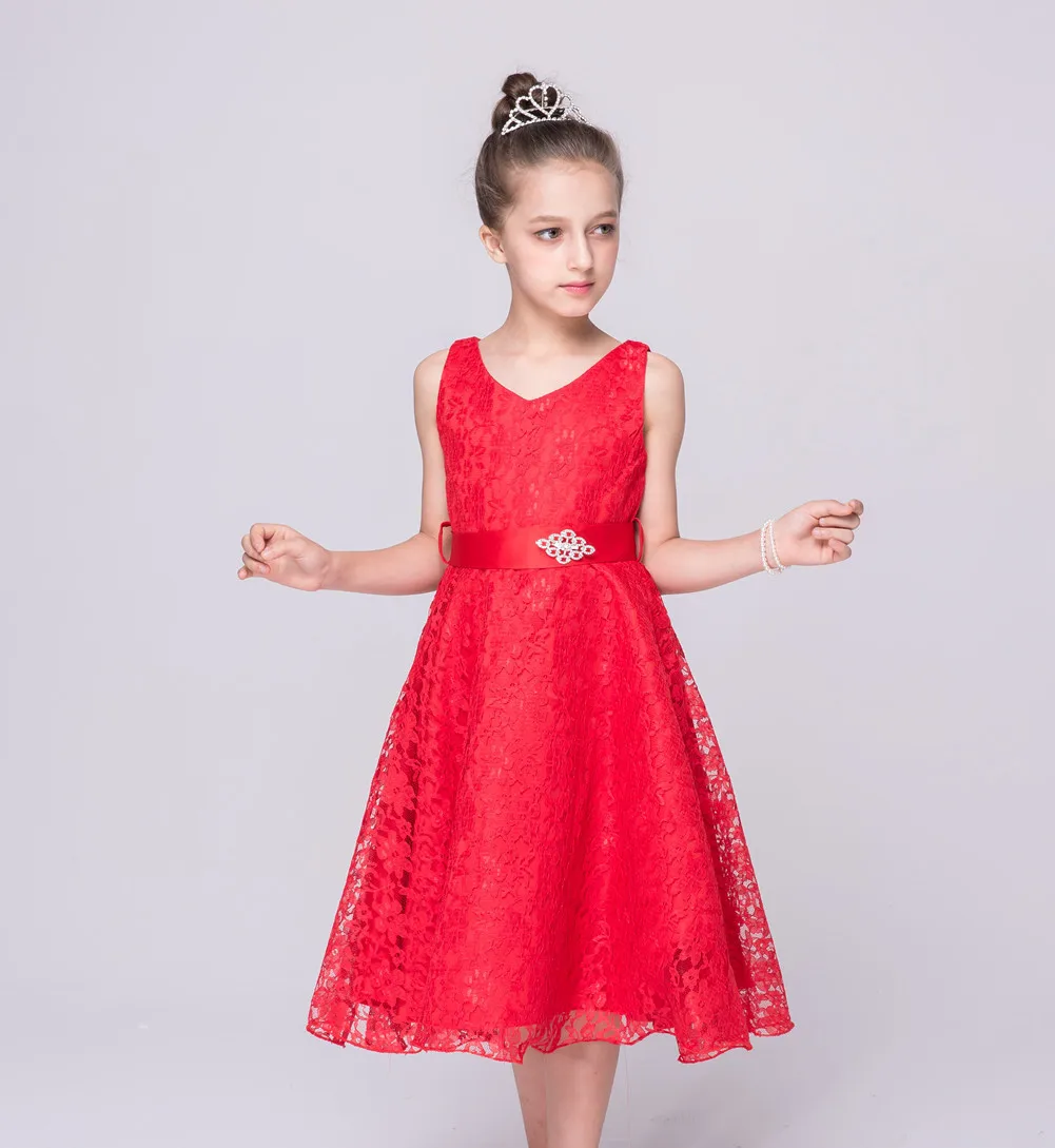 Estilo de Flor Vestidos com Strass Casamento da Dama Novo Meninas Vestidos Crianças Rendas Faixa Festa Honra Roupas 14 High Quality Mamãe e Bebê