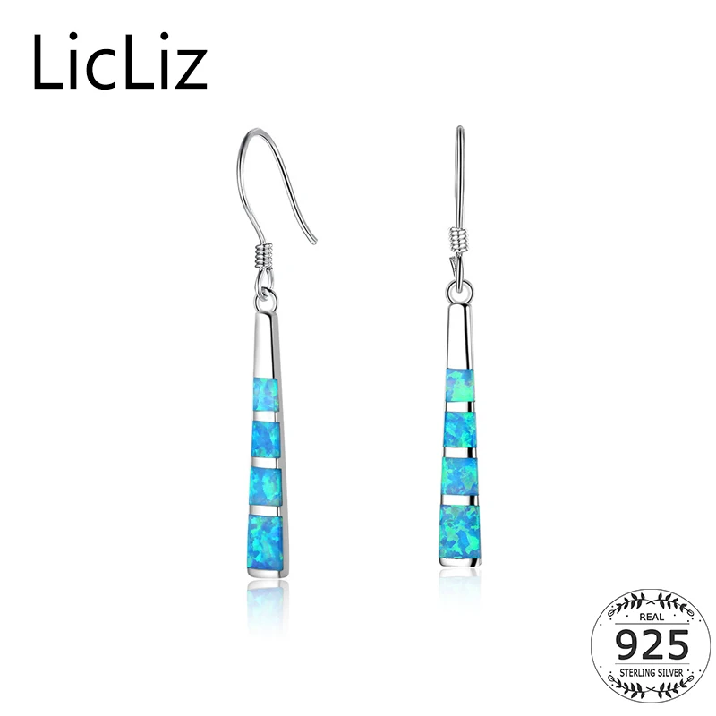 

LicLiz 925 Sterling Silver Blue Opal Dangle Drop Earrings For Women Ear Hook Earrings Long Bar Pendant Hangign Earring LE0395